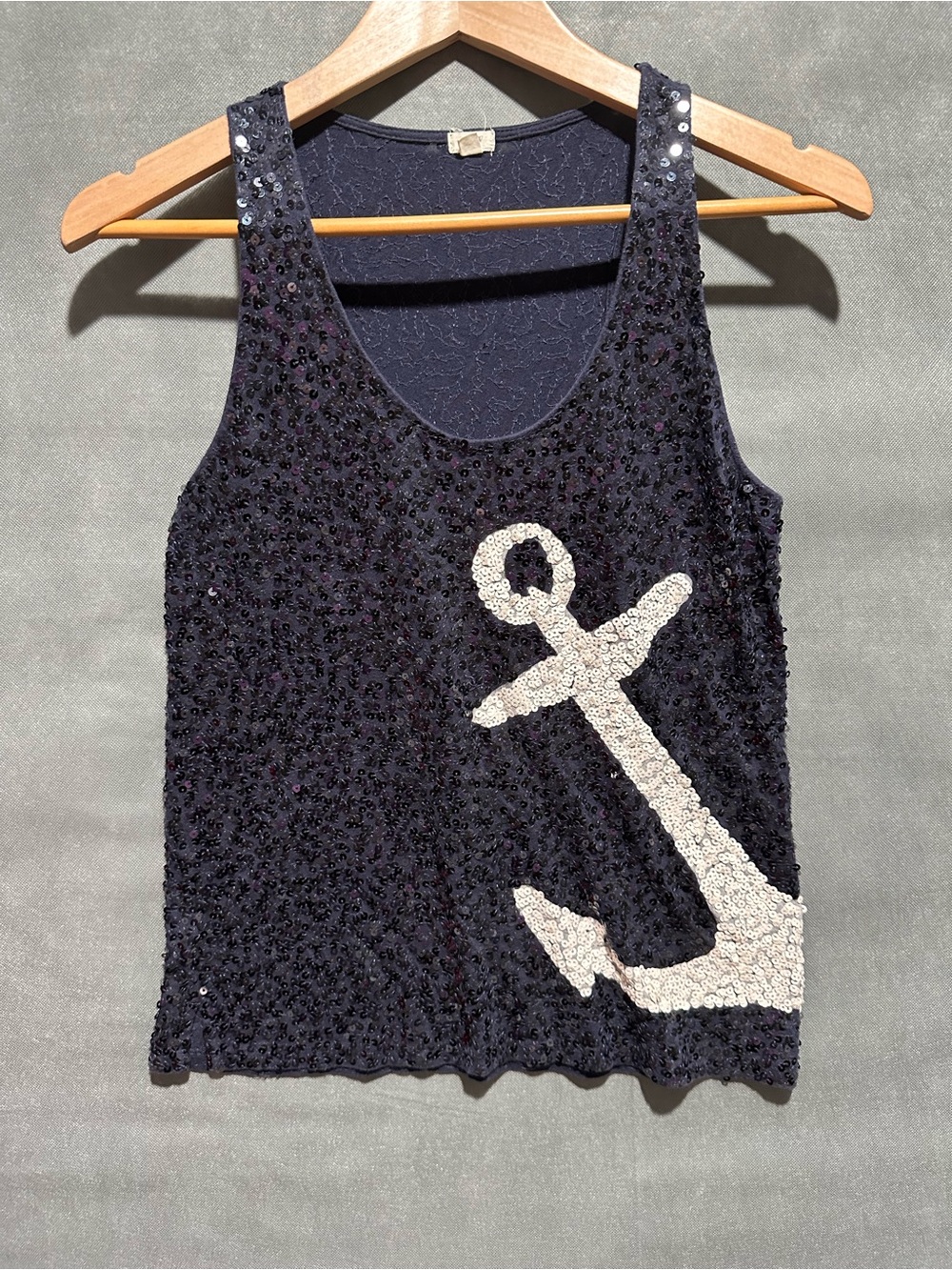J. Crew Women’s Small Sequin Anchor Tank Top Navy Blue Cotton Knit Sleeveless S